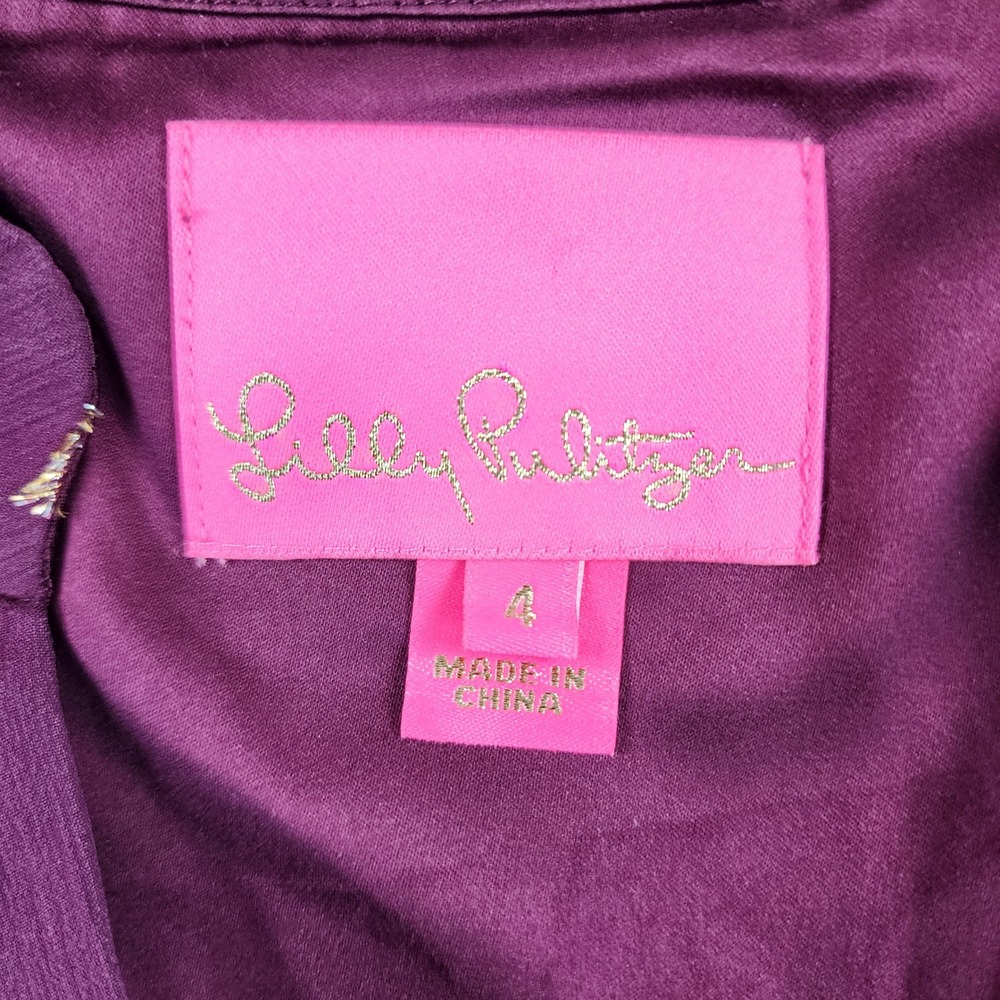 Lilly Pulitzer Shea Silk Dress 4 Cabernet Berry Metallic Gold Diamond Clip Shift - Picture 3 of 8